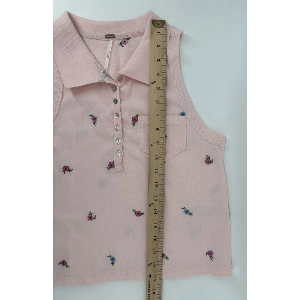 Free People Pink Pepper Knit Polo Sz S Embroidered Floral Preppy $90